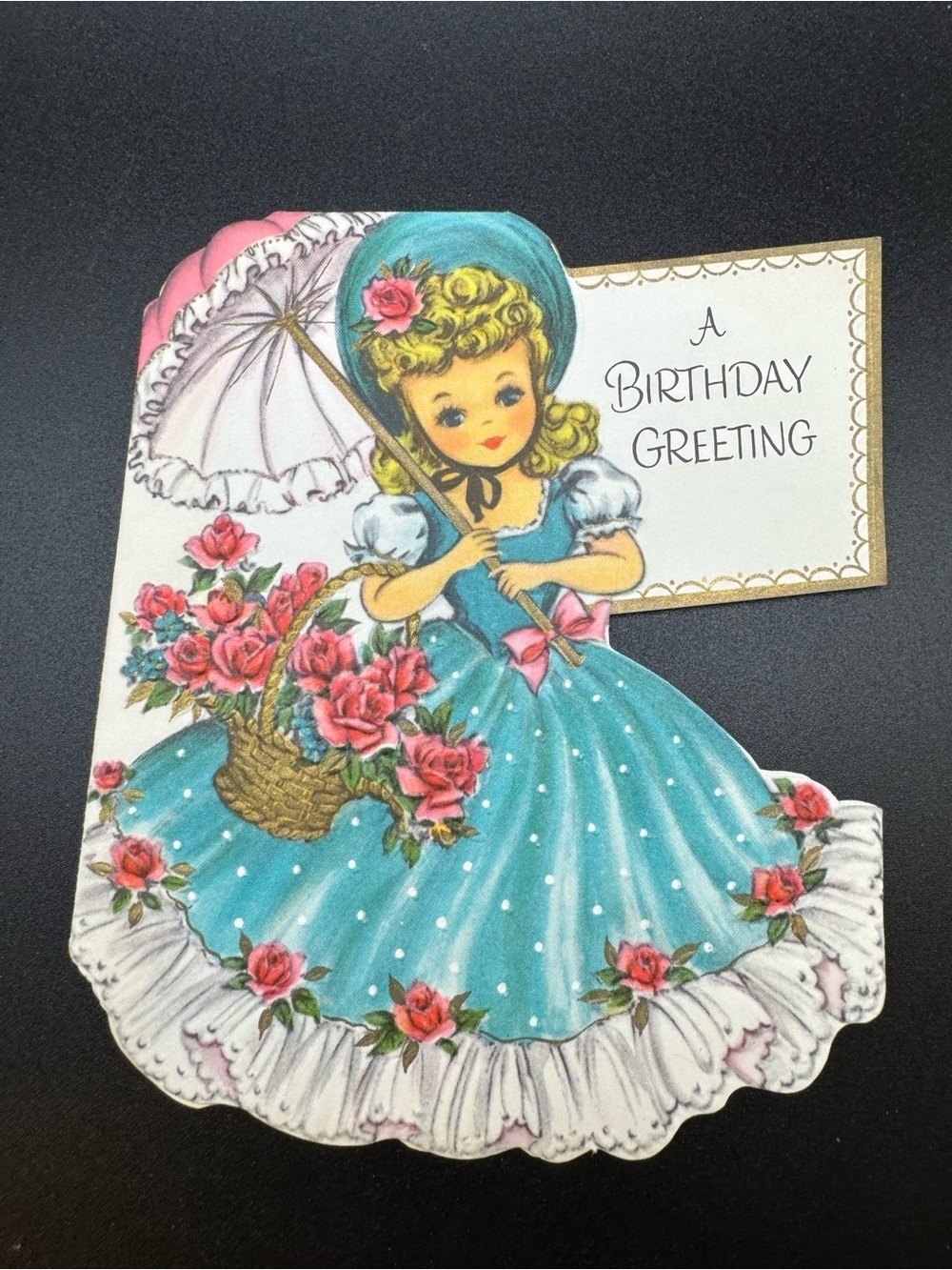 #2151 Vintage 40s “A Birthday Greeting” 3-Southern Belles Parasol Greeting Card